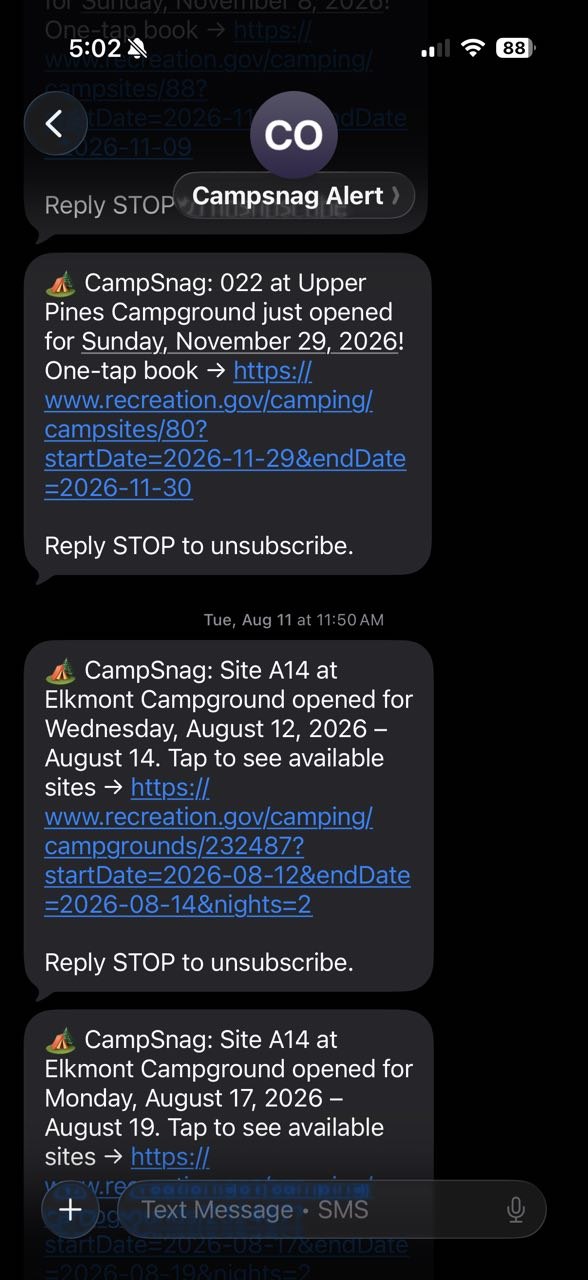 CampSnag SMS alert example showing campsite availability notification